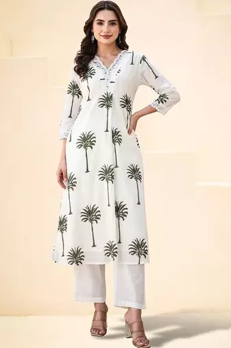 Women Ethnic Motifs Printed Regular Thread Work Pure Cotton Kurta with Trousers