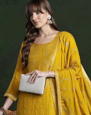 Women Ethnic Motifs Regular Thread Work Kurta with Trousers & With Dupatta 1