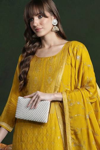Women Ethnic Motifs Regular Thread Work Kurta with Trousers & With Dupatta