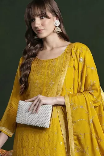 Women Ethnic Motifs Regular Thread Work Kurta with Trousers & With Dupatta