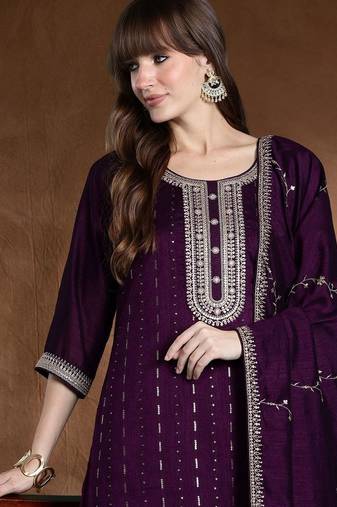 Women Ethnic Motifs Embroidered Regular Sequinned Kurta with Trousers & With Dupatta