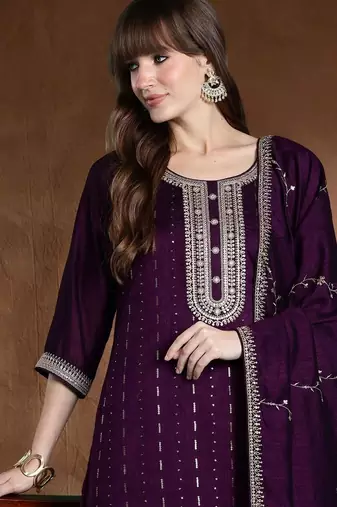 Women Ethnic Motifs Embroidered Regular Sequinned Kurta with Trousers & With Dupatta