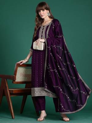 Women Ethnic Motifs Embroidered Regular Sequinned Kurta with Trousers & With Dupatta 2