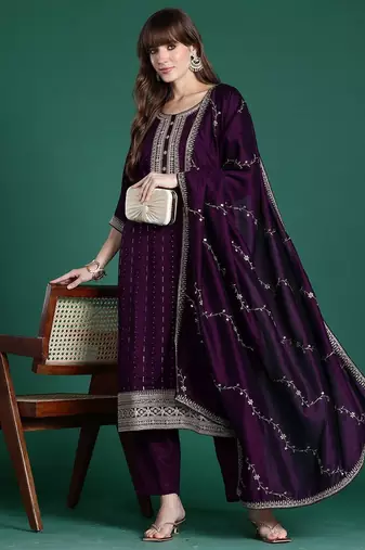 Women Ethnic Motifs Embroidered Regular Sequinned Kurta with Trousers & With Dupatta