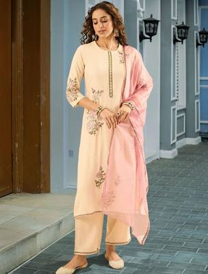 Women Floral Embroidered Regular Thread Work Kurta with Palazzos & With Dupatta 1