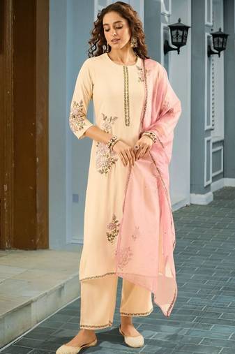 Women Floral Embroidered Regular Thread Work Kurta with Palazzos & With Dupatta