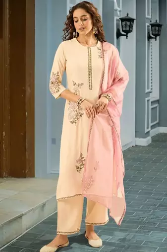 Women Floral Embroidered Regular Thread Work Kurta with Palazzos & With Dupatta