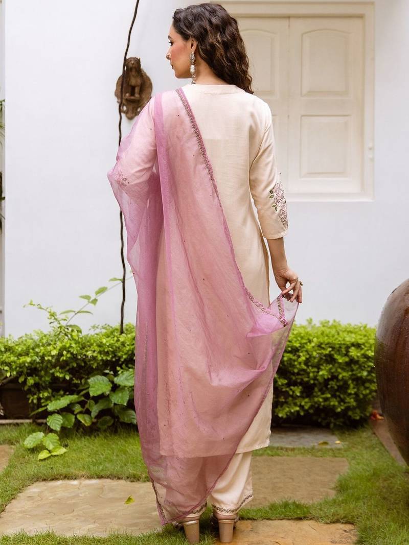 Women Floral Embroidered Regular Thread Work Kurta with Palazzos & With Dupatta