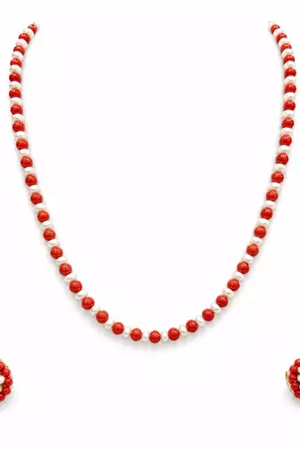 Red coral and pearl beaded necklace and earrings jewellery set