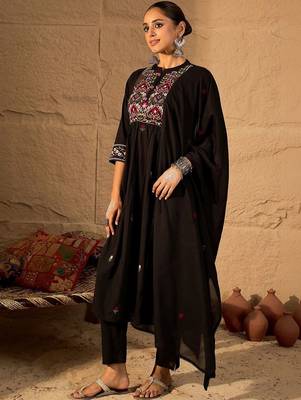 Women Ethnic Motifs Embroidered Regular Thread Work Pure Cotton Kurta with Trousers & With Dupatta 2