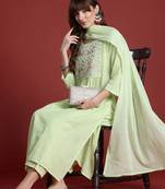 Women Floral Embroidered Empire Thread Work Pure Cotton Kurta with Trousers & With Dupatta
