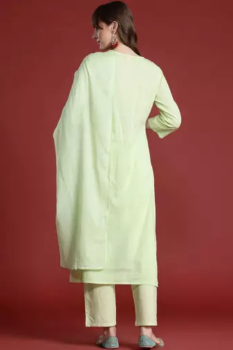 Women Floral Embroidered Empire Thread Work Pure Cotton Kurta with Trousers & With Dupatta