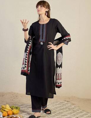 Women Ethnic Motifs Embroidered Regular Thread Work Pure Cotton Kurta with Trousers & With Dupatta 1