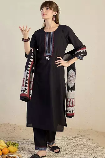 Women Ethnic Motifs Embroidered Regular Thread Work Pure Cotton Kurta with Trousers & With Dupatta