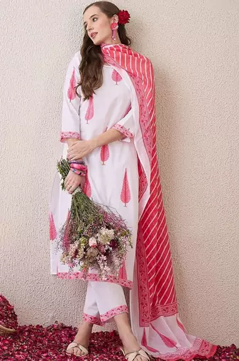 Women Ethnic Motifs Printed Regular Pure Cotton Kurta with Trousers & With Dupatta