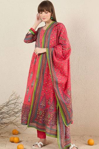 Women Ethnic Motifs Printed Panelled Pure Cotton Kurta with Trousers & With Dupatta