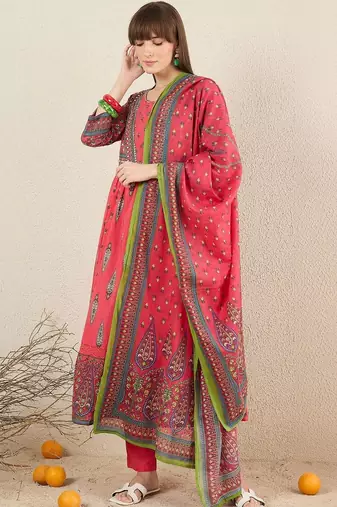 Women Ethnic Motifs Printed Panelled Pure Cotton Kurta with Trousers & With Dupatta