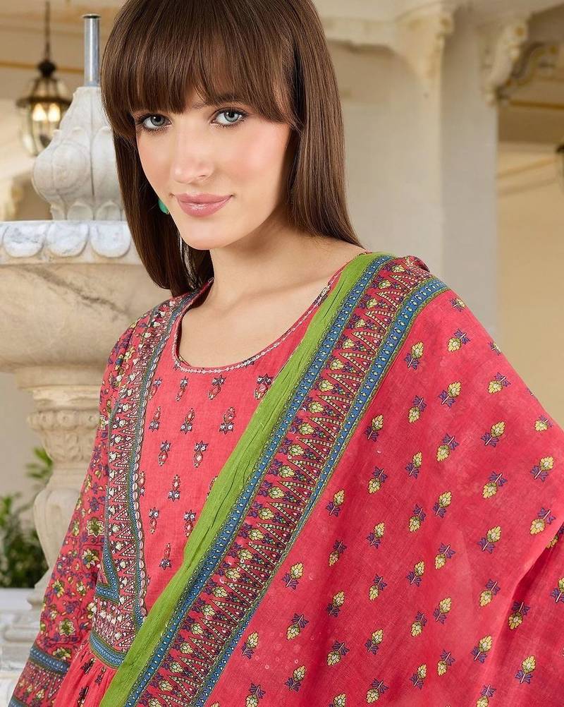 Women Ethnic Motifs Printed Panelled Pure Cotton Kurta with Trousers & With Dupatta