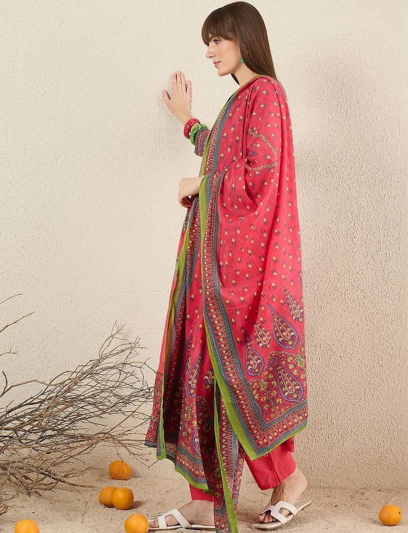 Women Ethnic Motifs Printed Panelled Pure Cotton Kurta with Trousers & With Dupatta