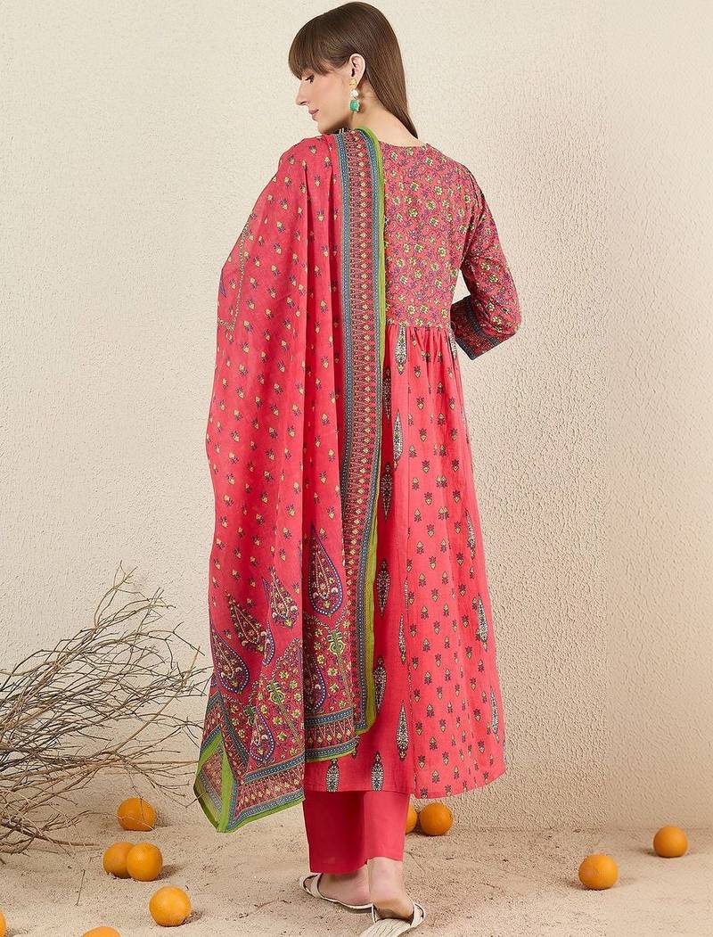 Women Ethnic Motifs Printed Panelled Pure Cotton Kurta with Trousers & With Dupatta
