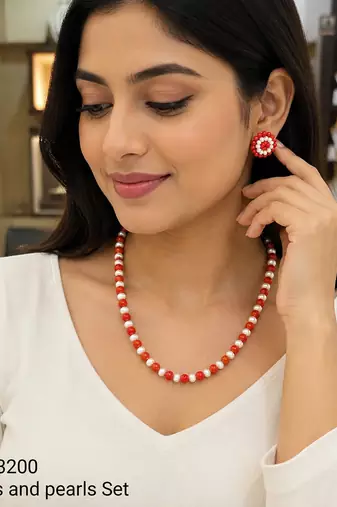 Red coral and pearl beaded necklace and earrings jewellery set