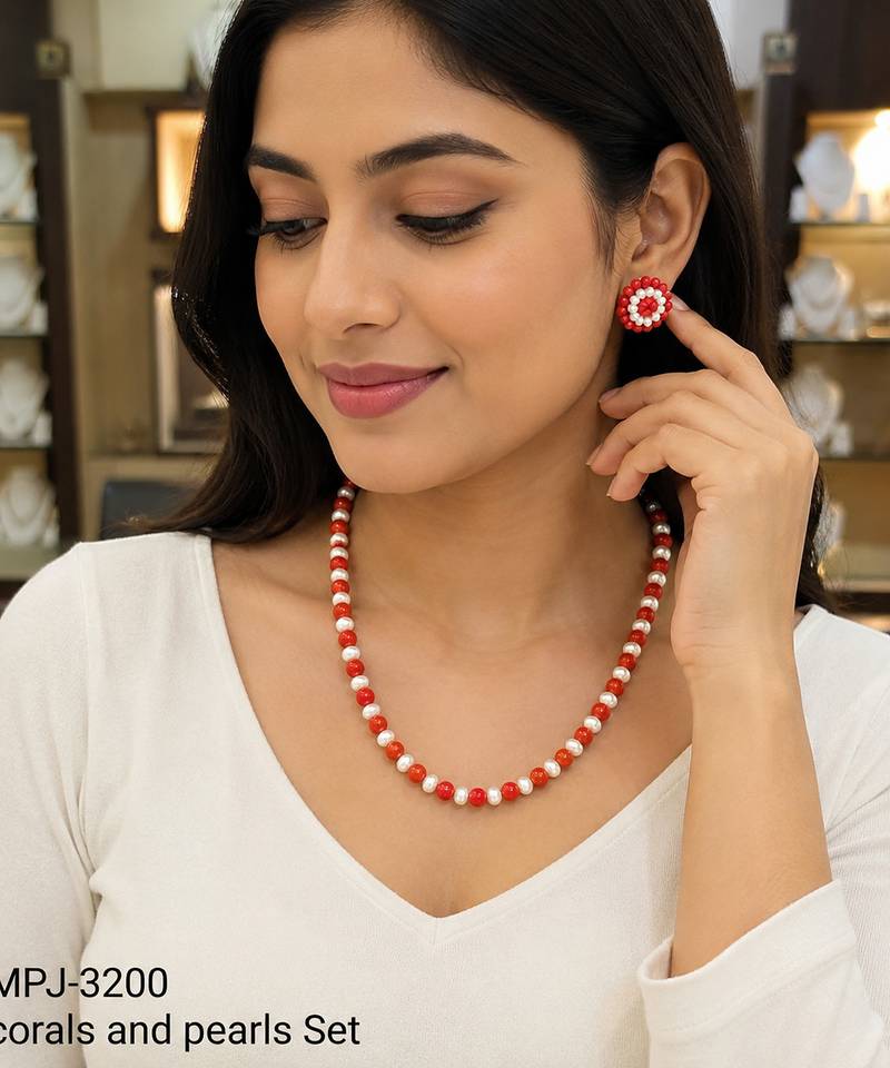 Red coral and pearl beaded necklace and earrings jewellery set