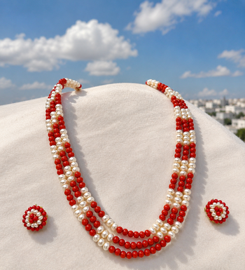 Pearl and red coral bead 3-layer necklace set with earrings 1