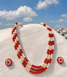 Pearl and red coral bead 3-layer necklace set with earrings