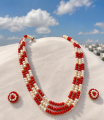 Pearl and red coral bead 3-layer necklace set with earrings