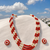 Pearl and red coral bead 3-layer necklace set with earrings