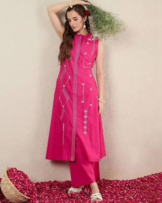 Women Ethnic Motifs Embroidered Regular Thread Work Pure Cotton Kurta with Palazzos 2