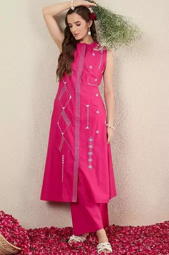 Women Ethnic Motifs Embroidered Regular Thread Work Pure Cotton Kurta with Palazzos