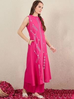 Women Ethnic Motifs Embroidered Regular Thread Work Pure Cotton Kurta with Palazzos 3