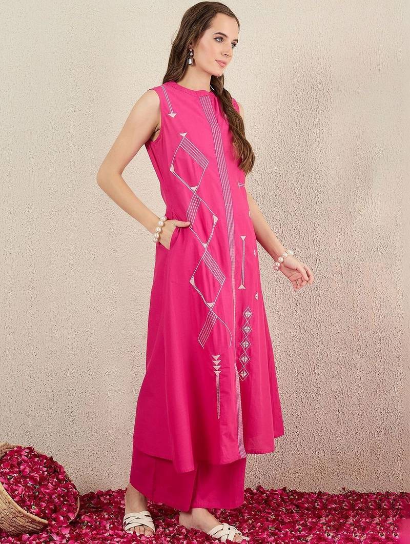 Women Ethnic Motifs Embroidered Regular Thread Work Pure Cotton Kurta with Palazzos