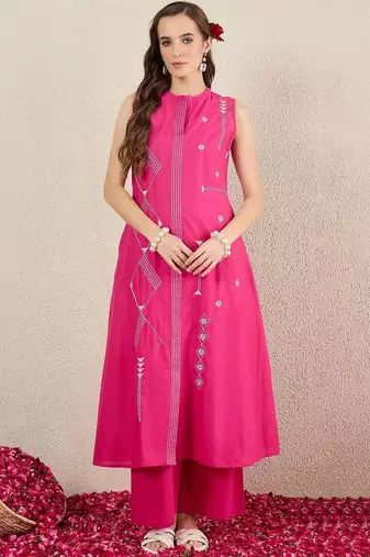Women Ethnic Motifs Embroidered Regular Thread Work Pure Cotton Kurta with Palazzos