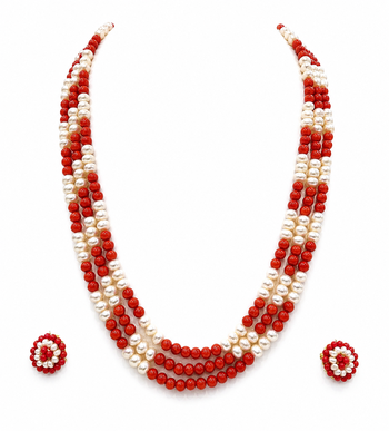 Pearl and red coral bead 3-layer necklace set with earrings 2