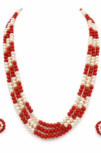 Pearl and red coral bead 3-layer necklace set with earrings