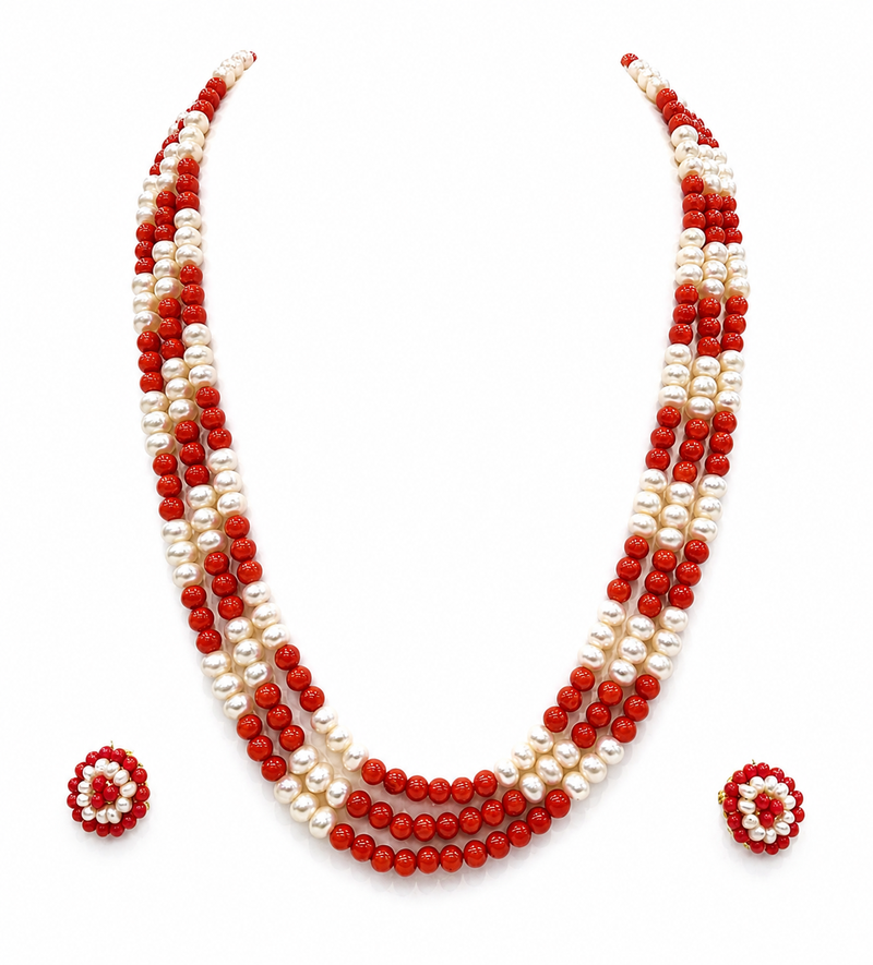 Pearl and red coral bead 3-layer necklace set with earrings