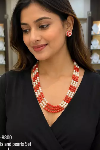 Pearl and red coral bead 3-layer necklace set with earrings