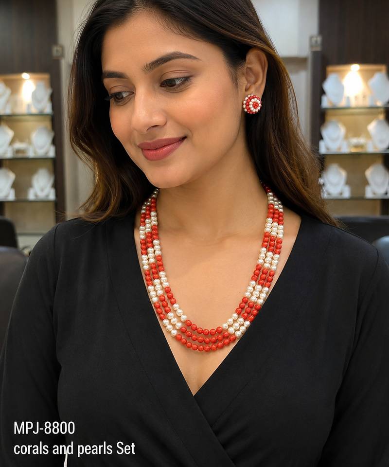Pearl and red coral bead 3-layer necklace set with earrings