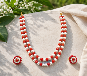 Red coral & white pearl double strand necklace and earring set 1