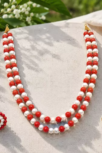 Red coral & white pearl double strand necklace and earring set