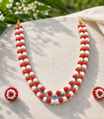 Red coral & white pearl double strand necklace and earring set