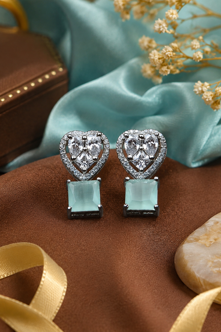 Rhodium Finish Heart Halo Mint Earrings