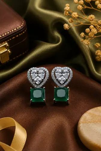 Rhodium finish heart halo emerald earrings