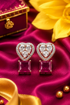 Rose gold heart halo magenta earrings 2