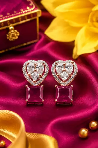Rose gold heart halo magenta earrings
