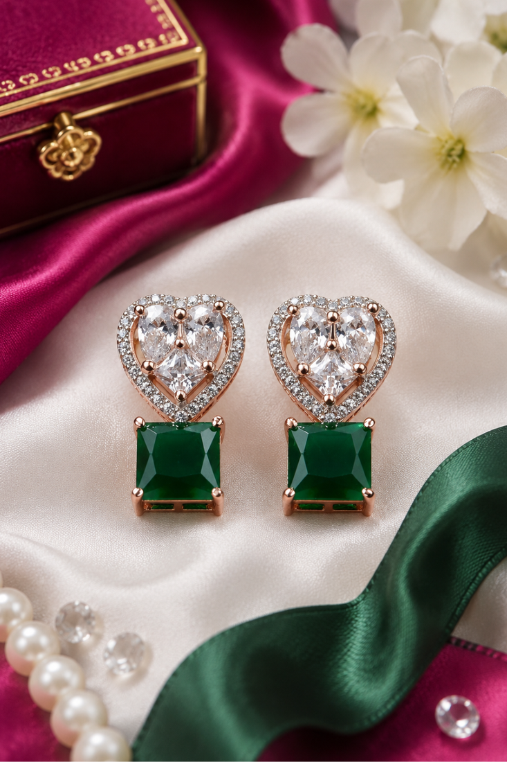 Rose gold heart halo emerald earrings