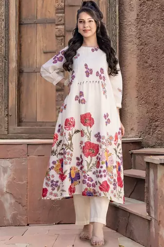Women Floral Printed Pleated Pure Cotton Kurta with Trousers
