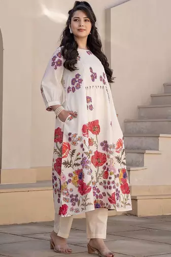 Women Floral Printed Pleated Pure Cotton Kurta with Trousers